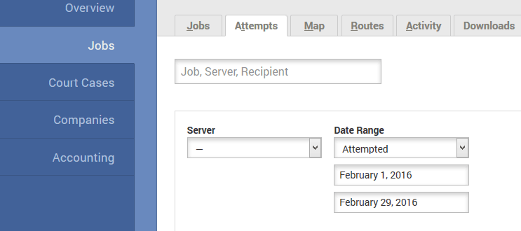 Service attempts tab, date range filter
