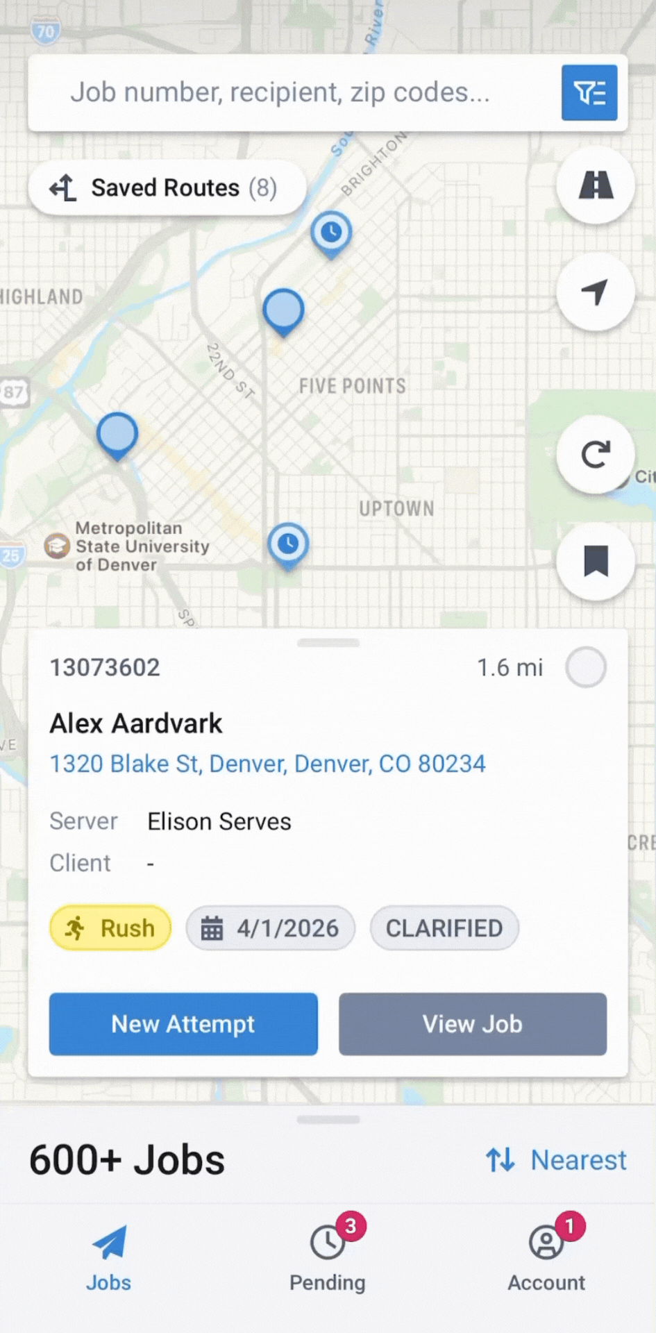 Screenshot of ServeManager mobile app showing a pending job accept screen