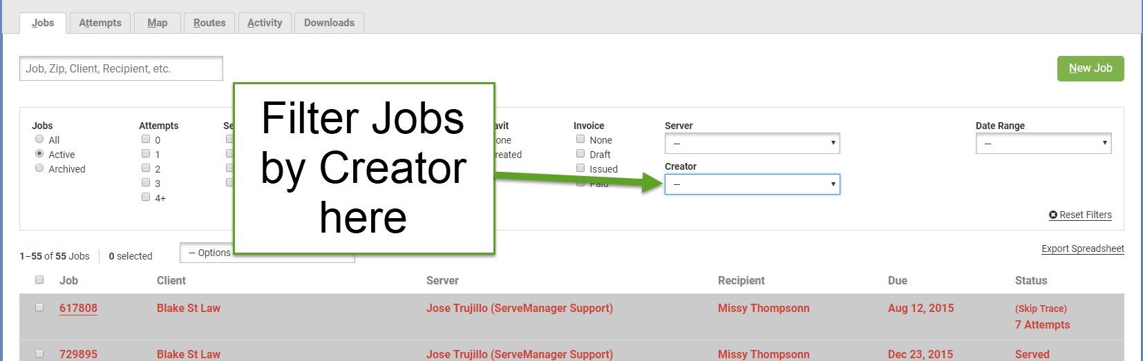 Click Creator to Filter your Jobs