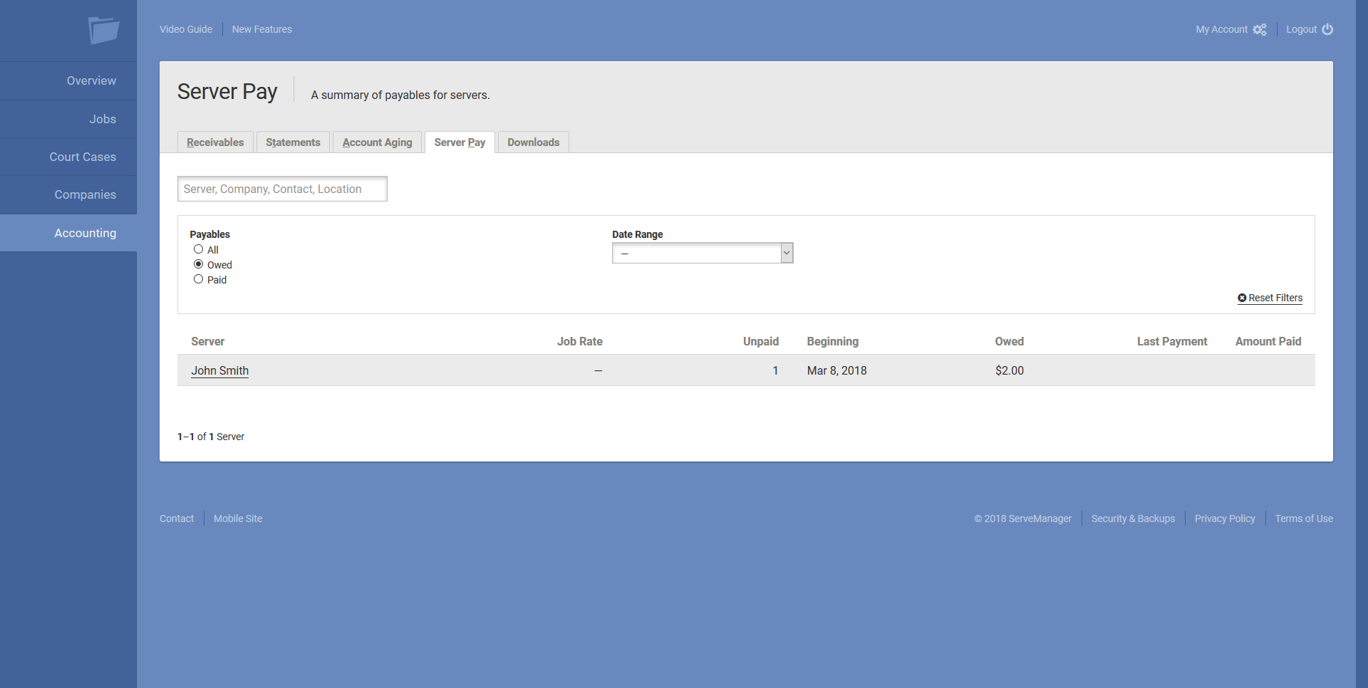 Server Pay Account Screen