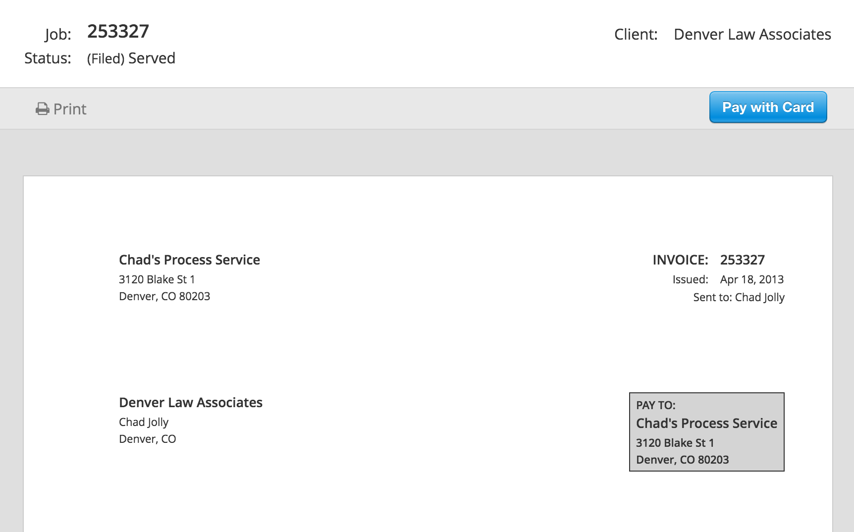 ServeManager invoice with button