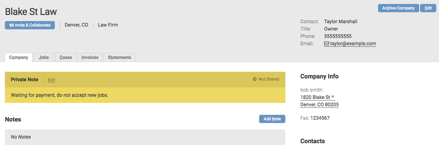 A private note displayed on the company page