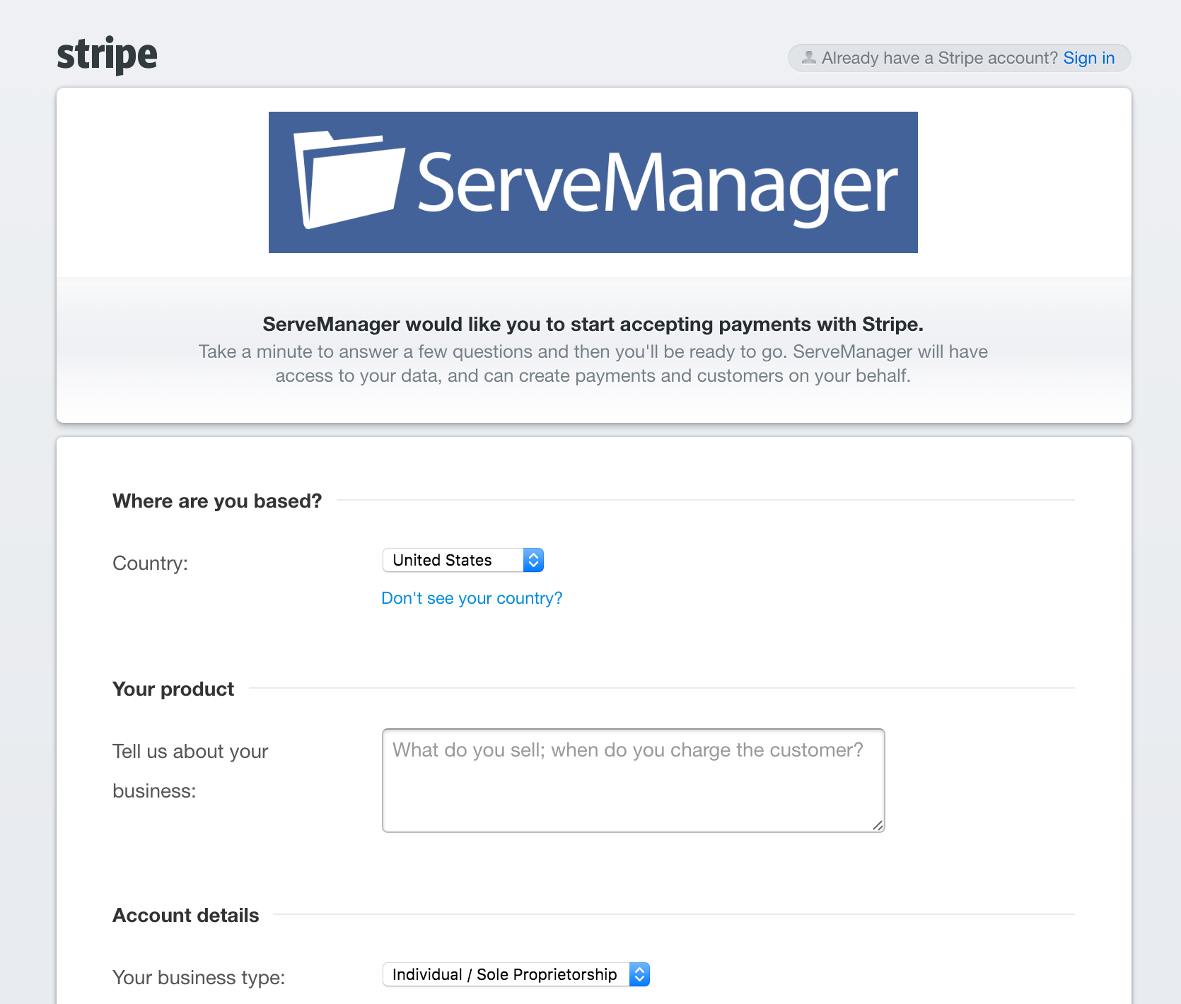 Stripe sign-up