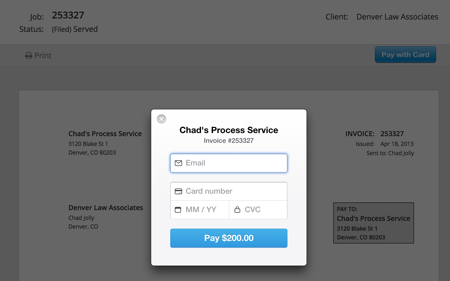 ServeManager invoice with credit card fields